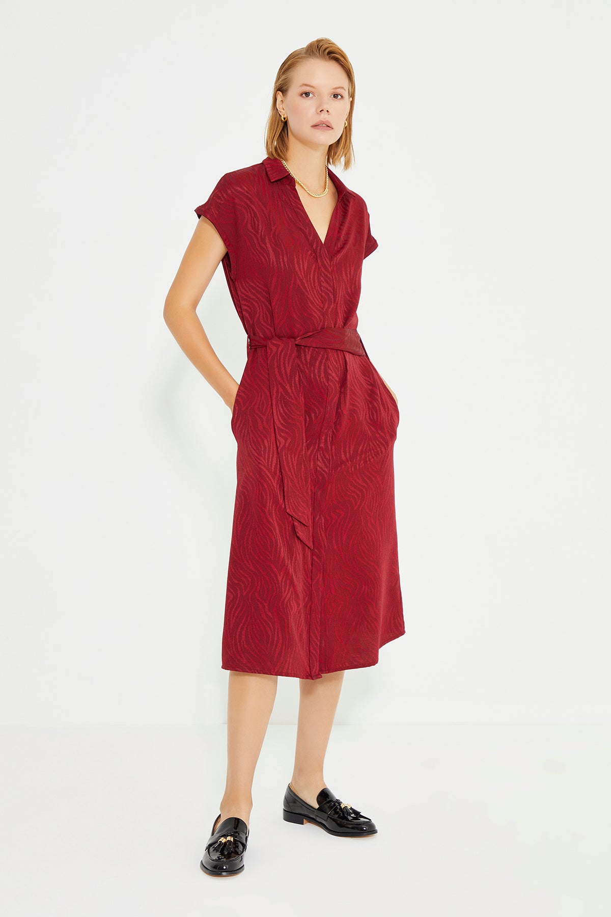 Burgundy Jacquard Belted Waist Shirt Dress