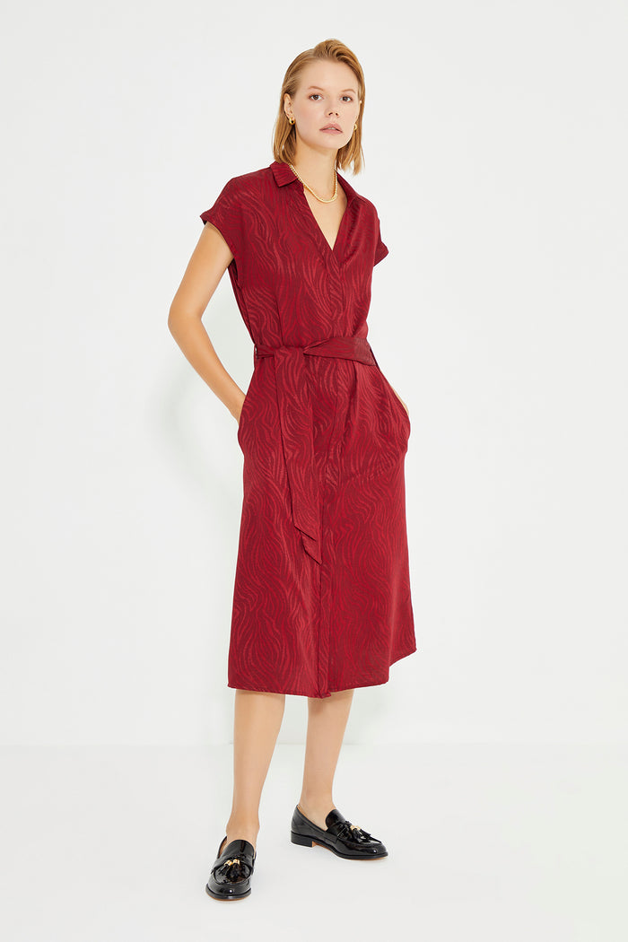 Burgundy Jacquard Belted Waist Shirt Dress