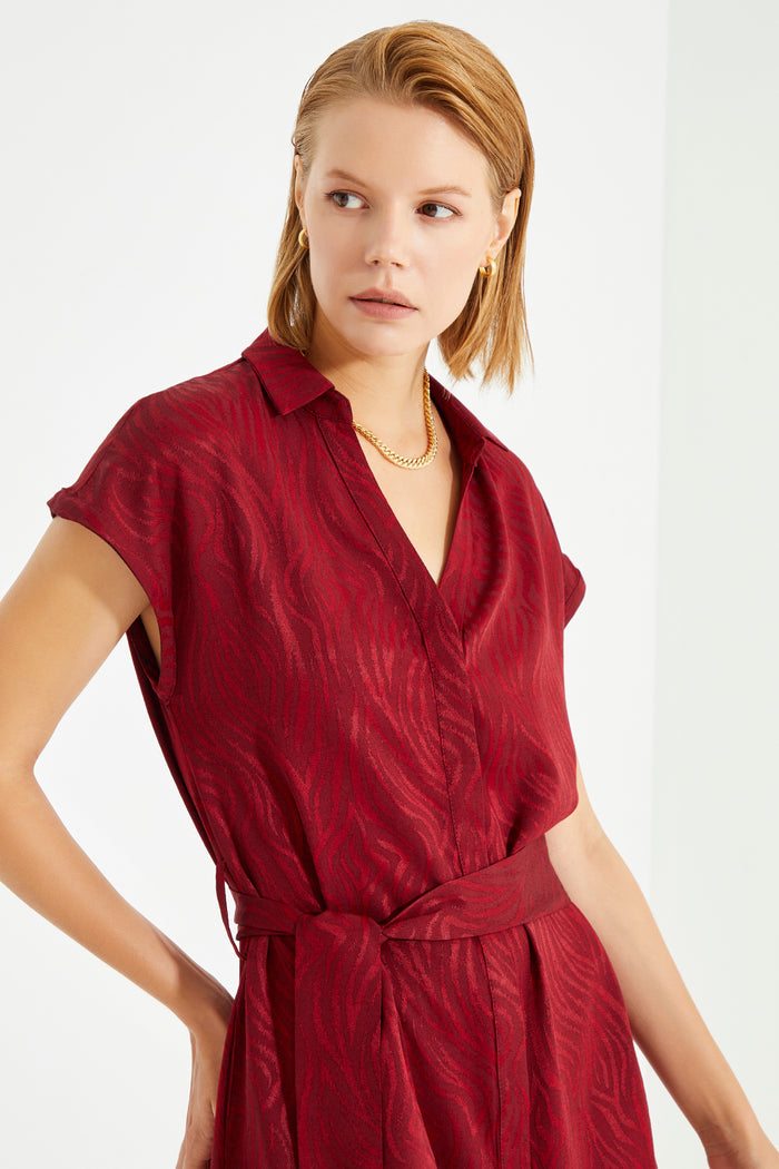 Burgundy Jacquard Belted Waist Shirt Dress