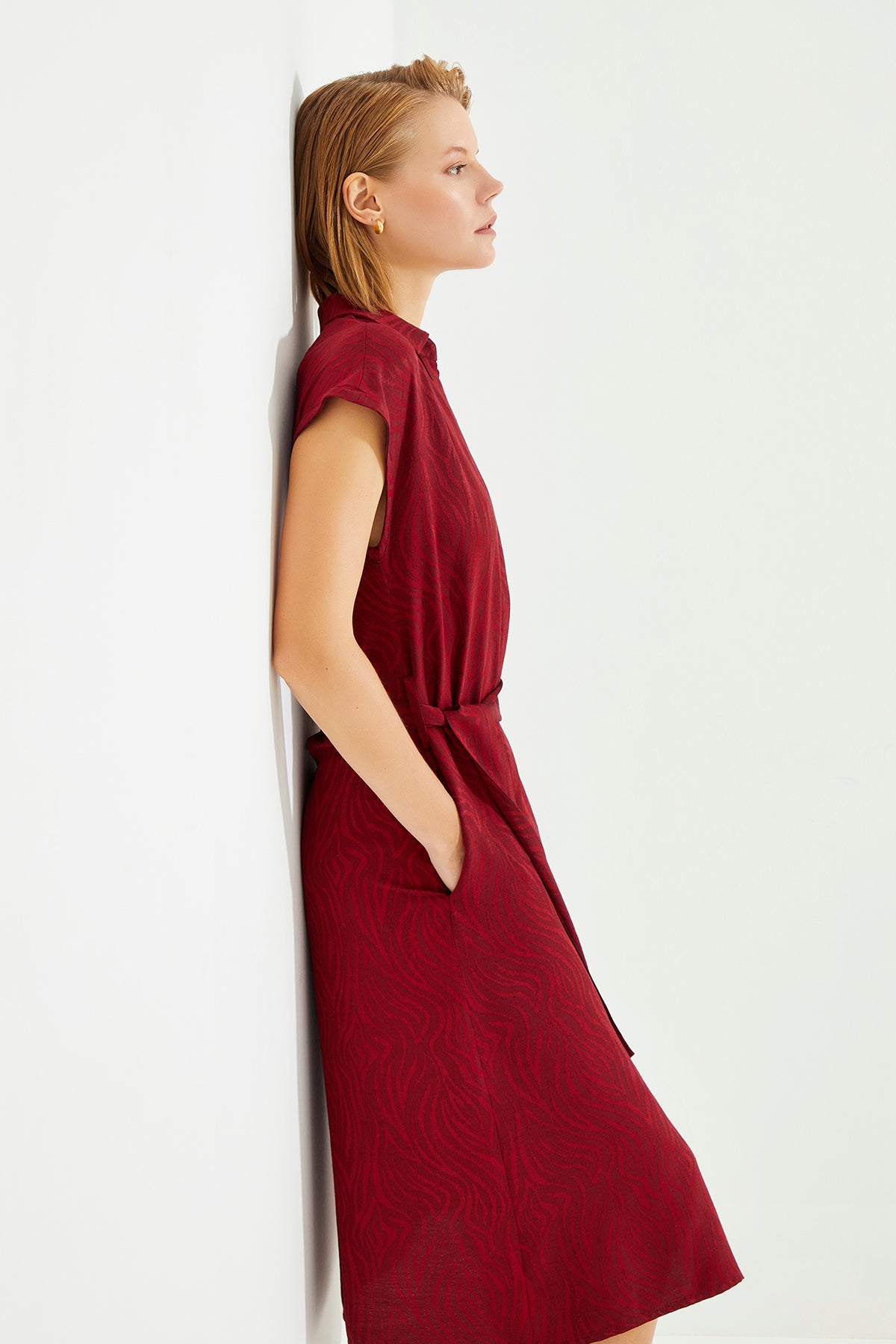 Burgundy Jacquard Belted Waist Shirt Dress