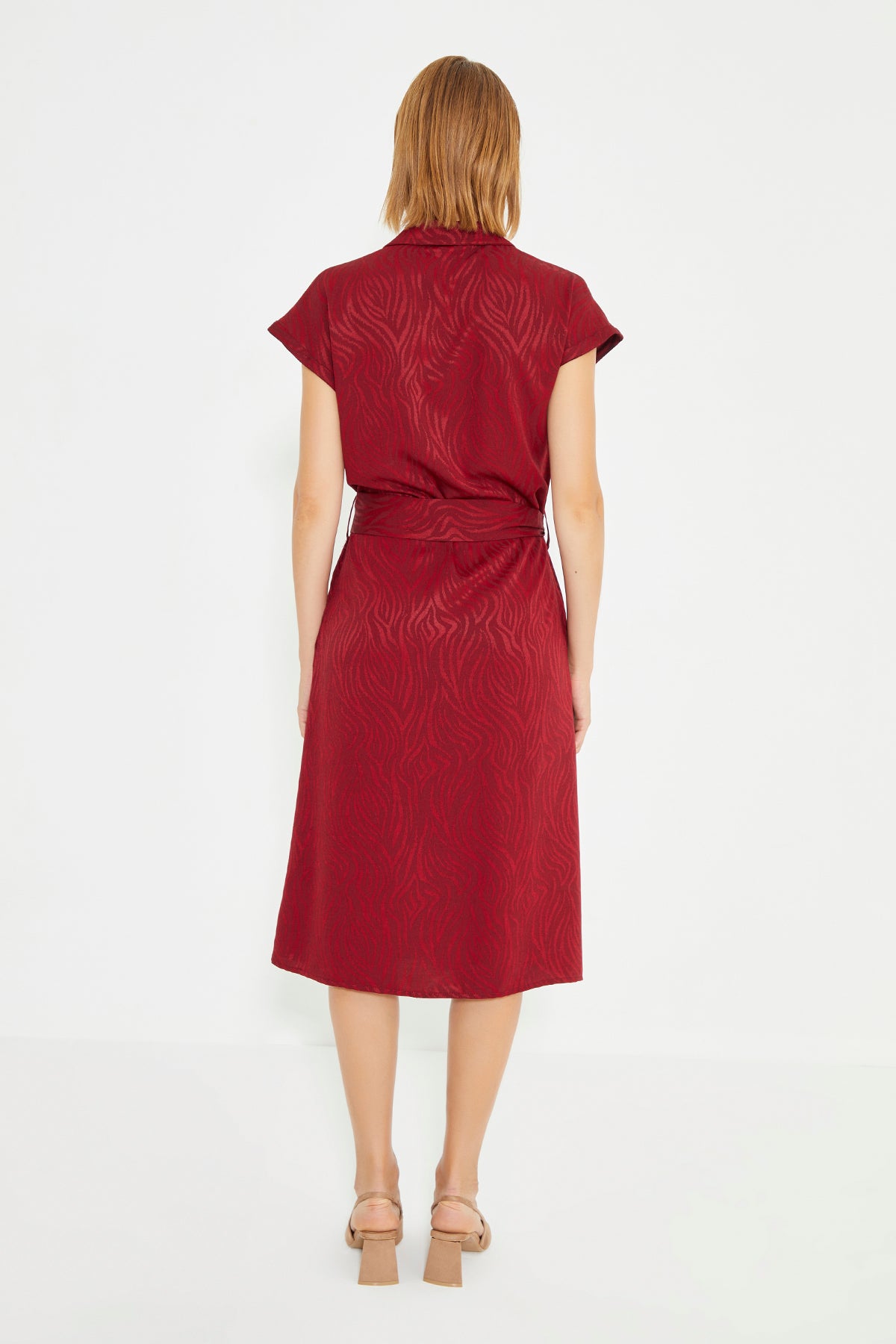 Burgundy Jacquard Belted Waist Shirt Dress