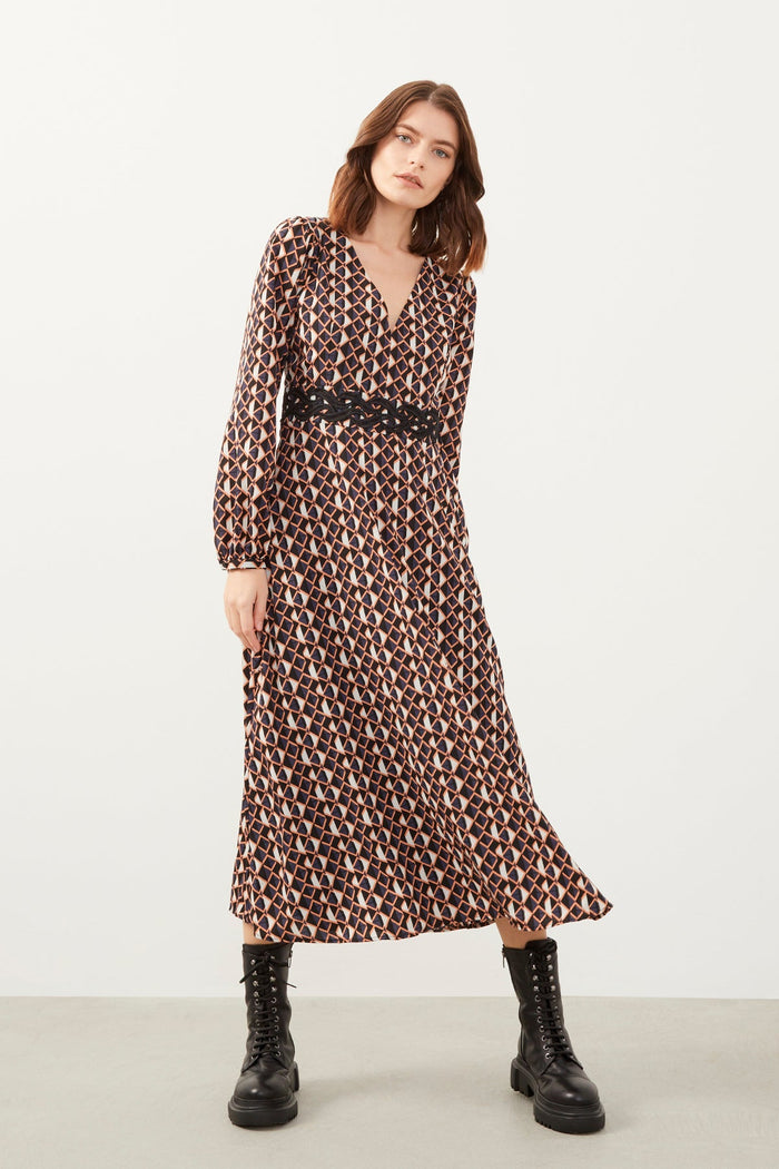 Brown Patterned V-Neck Long Sleeve Dress