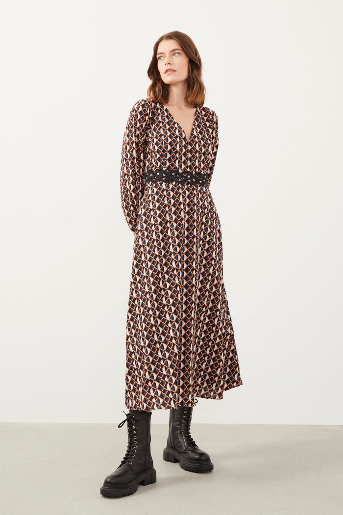 Brown Patterned V-Neck Long Sleeve Dress
