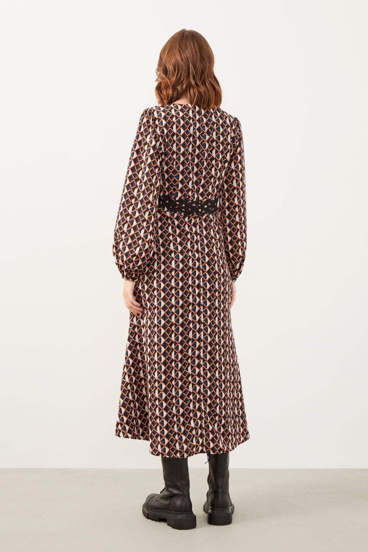 Brown Patterned V-Neck Long Sleeve Dress