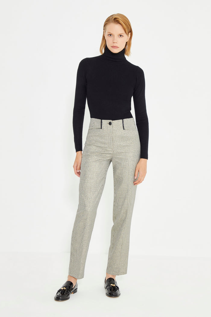 Houndstooth Patterned Leather Piping Detail Carrot Fit Women's Trousers