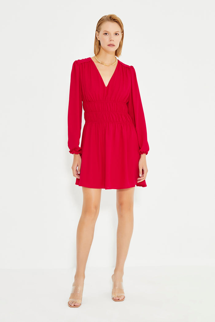 Red Gathered Waist Long Sleeve Dress