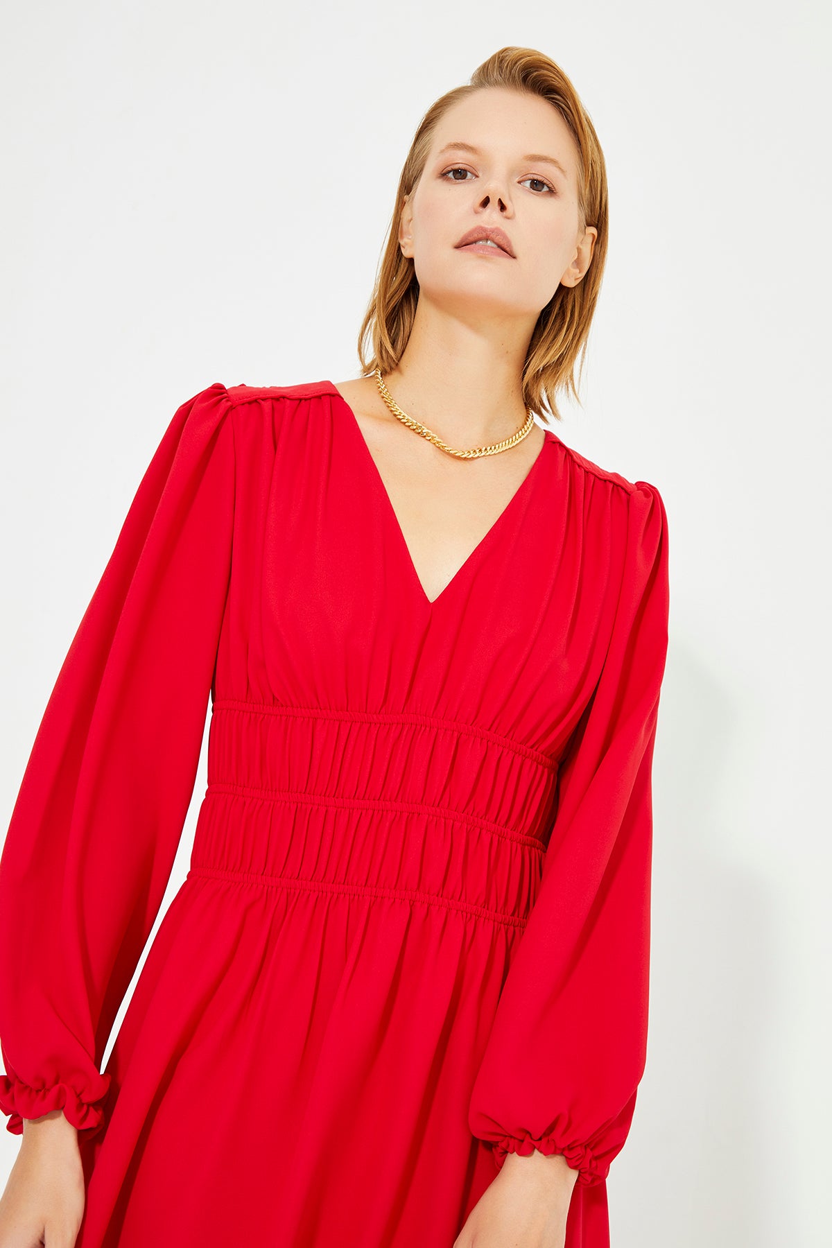 Red Gathered Waist Long Sleeve Dress