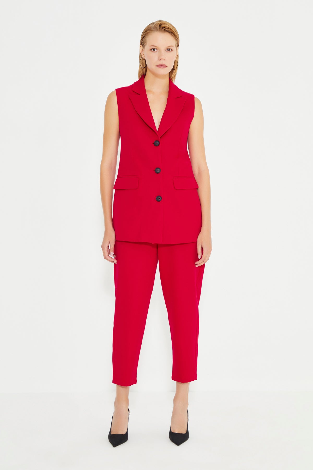 Red Long Women's Vest With Pockets