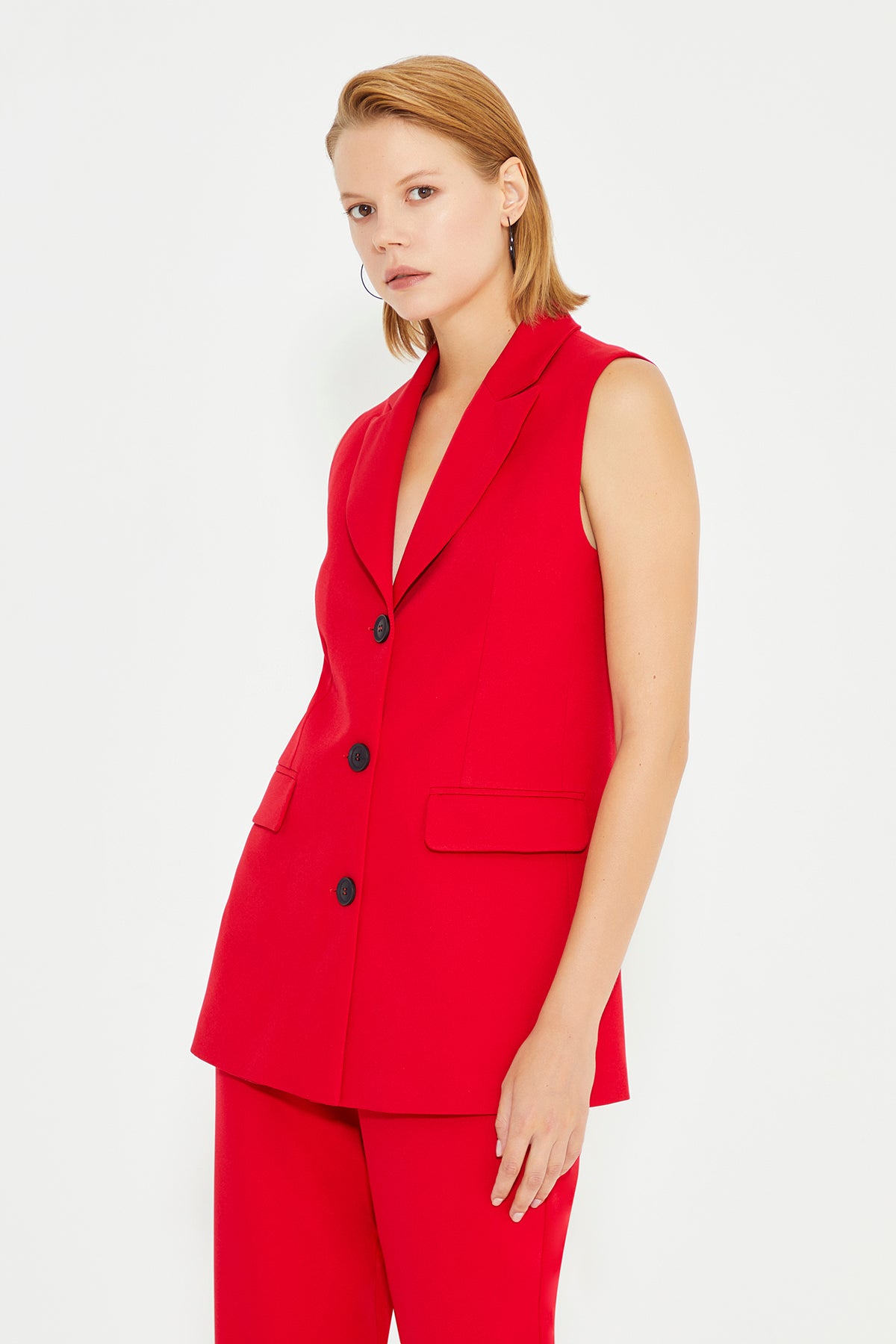 Red Long Women's Vest With Pockets