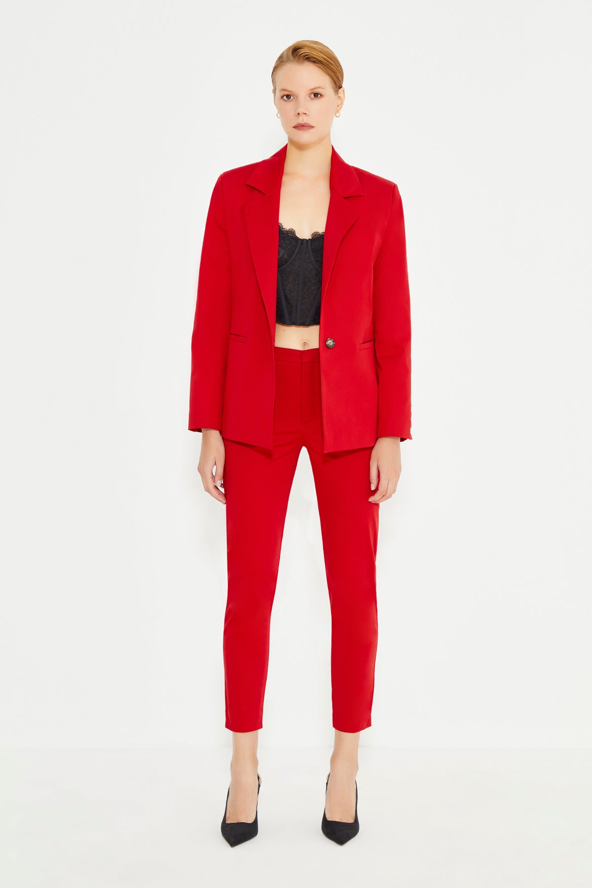 Red Shoulder Padded Double Breasted Jacket With Pockets