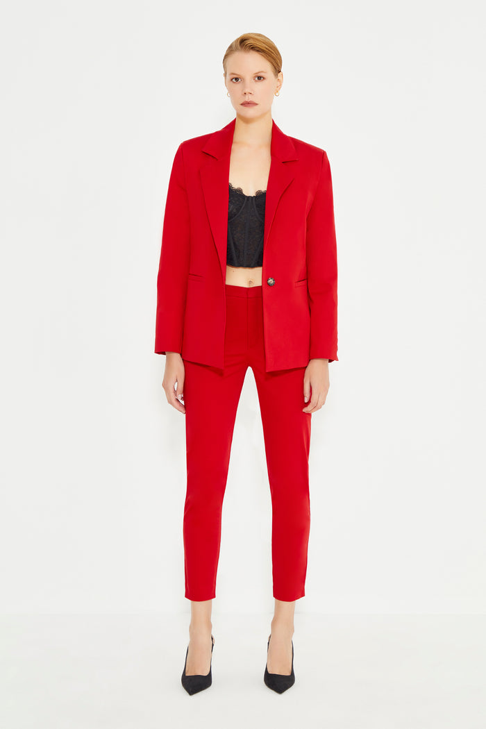 Red Shoulder Padded Double Breasted Jacket With Pockets