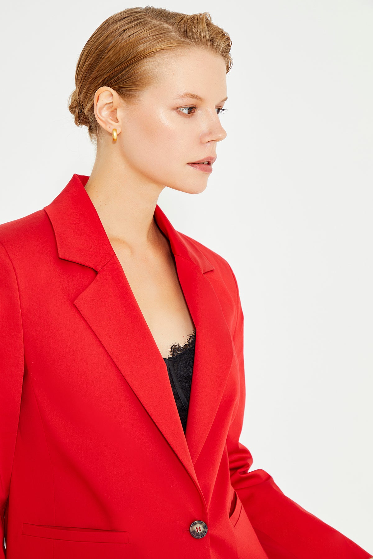 Red Shoulder Padded Double Breasted Jacket With Pockets