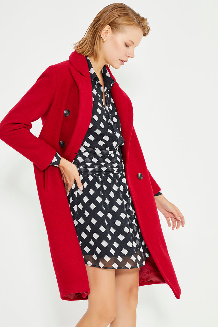 Red Double Breasted Front Button Closure Long Women's Coat