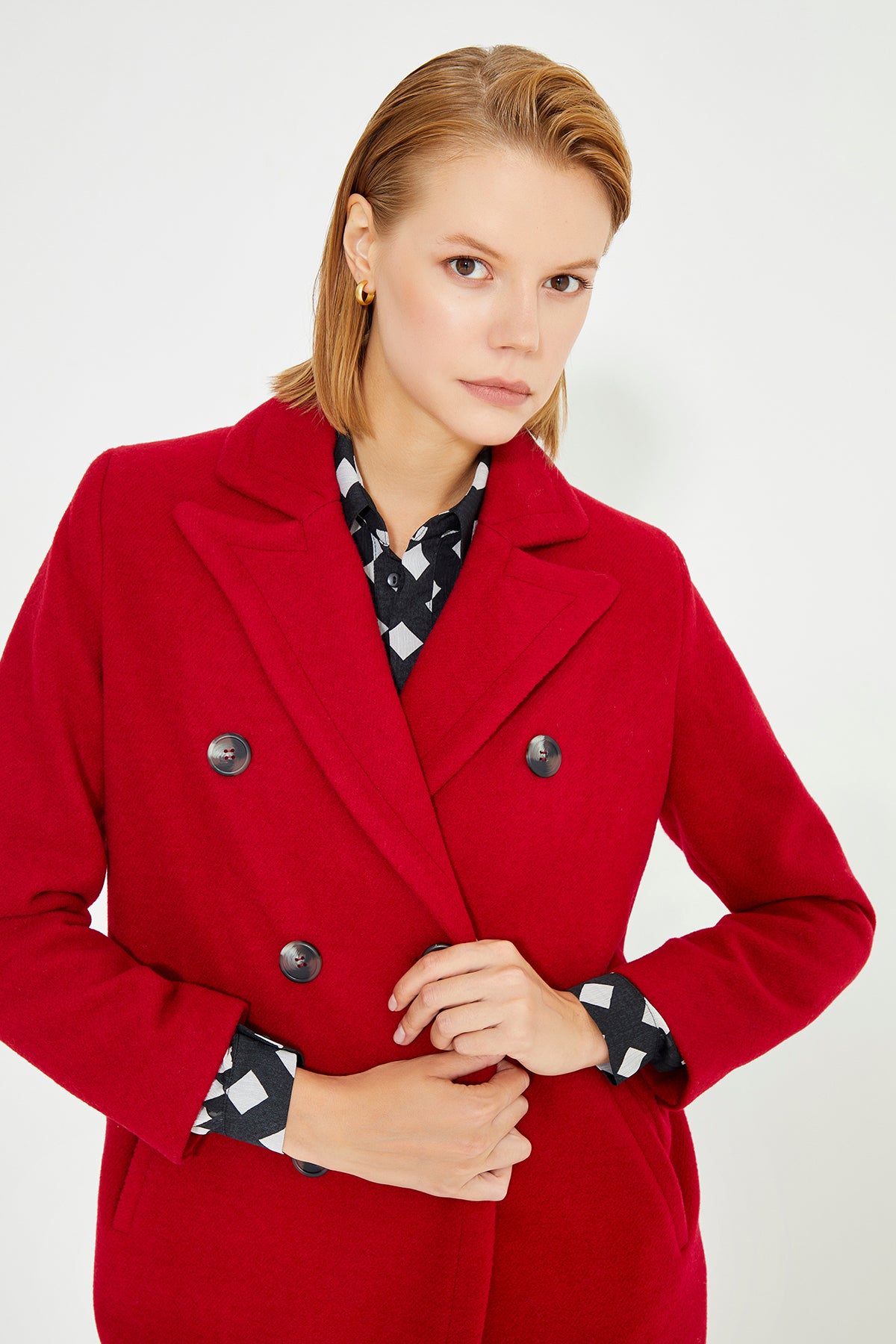 Red Double Breasted Front Button Closure Long Women's Coat