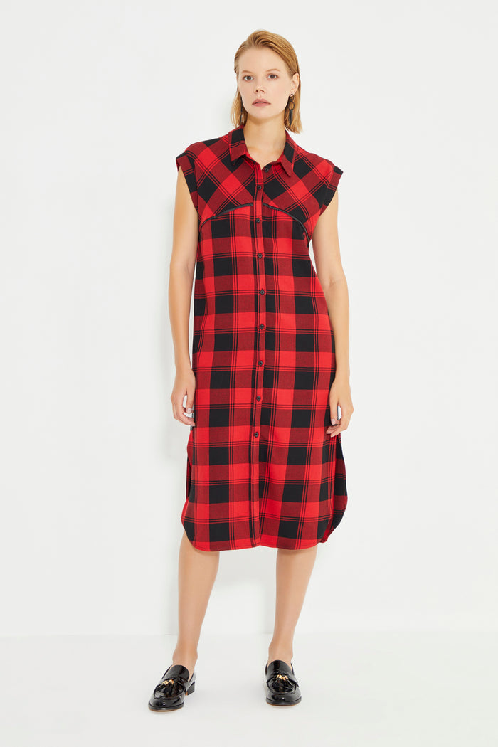 Red Checked Sleeveless Leather Piping Shirt Dress