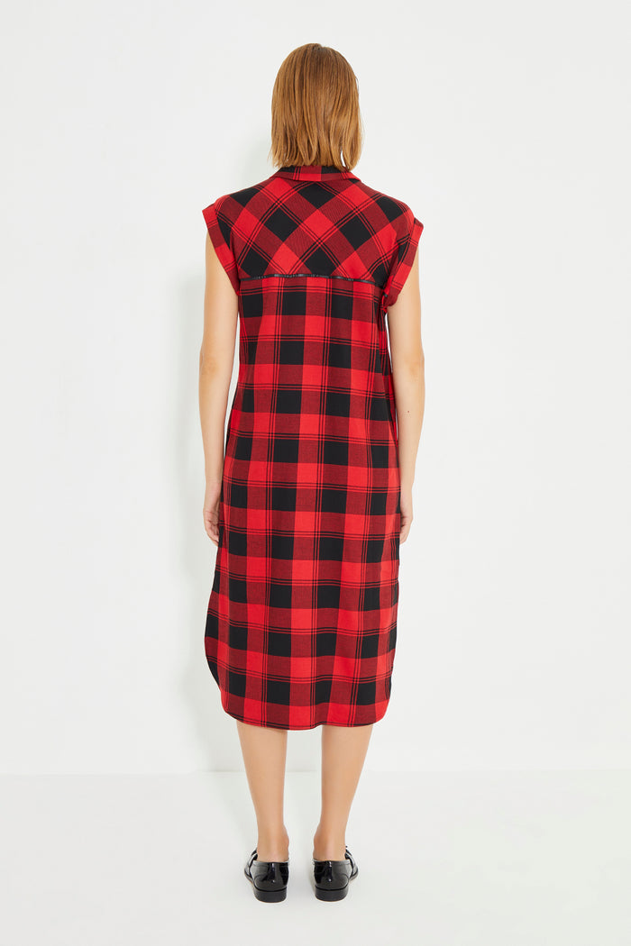 Red Checked Sleeveless Leather Piping Shirt Dress