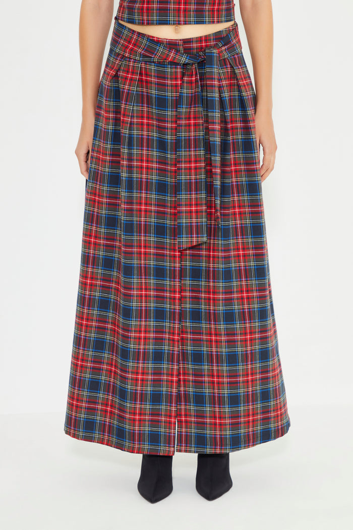 Red And Navy Blue Plaid Self Fabric Belted Pleated Maxi Skirt