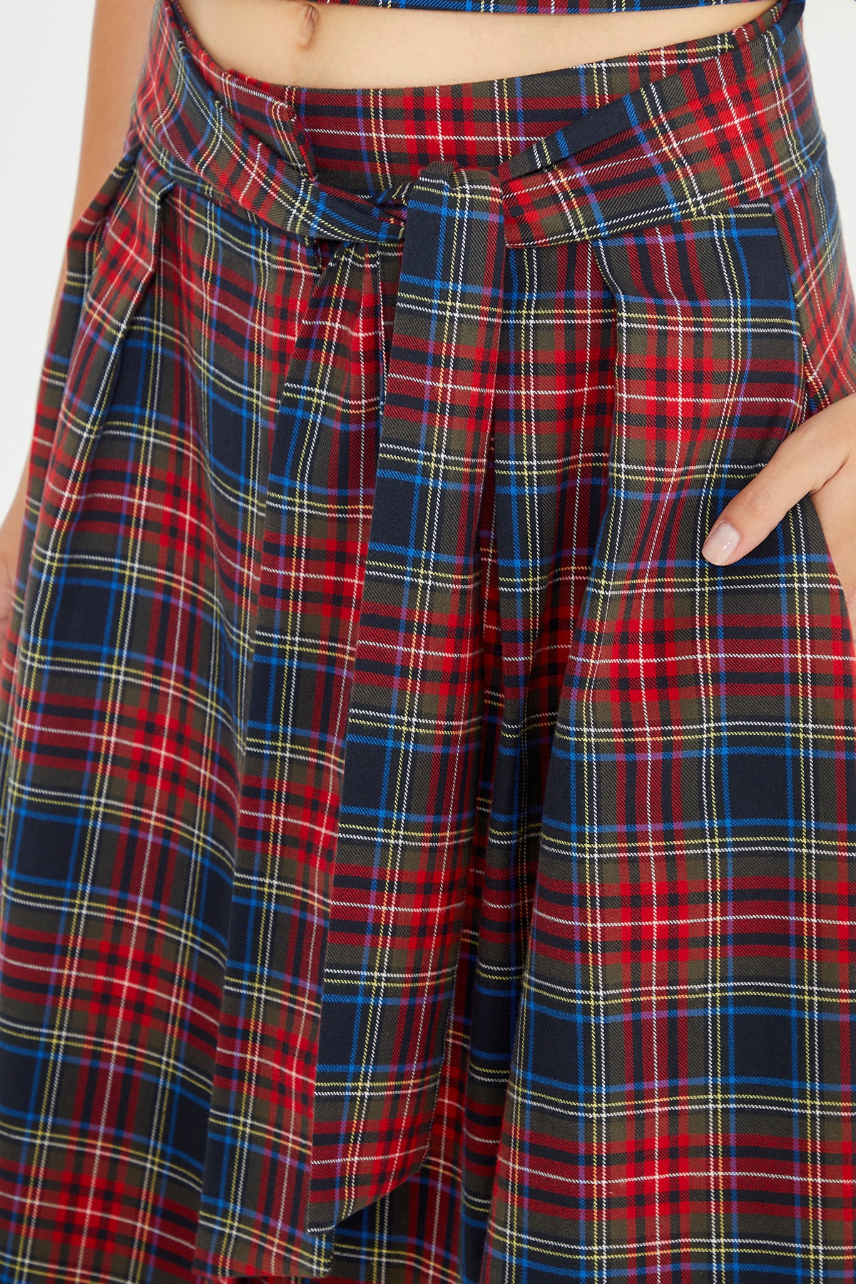 Red And Navy Blue Plaid Self Fabric Belted Pleated Maxi Skirt