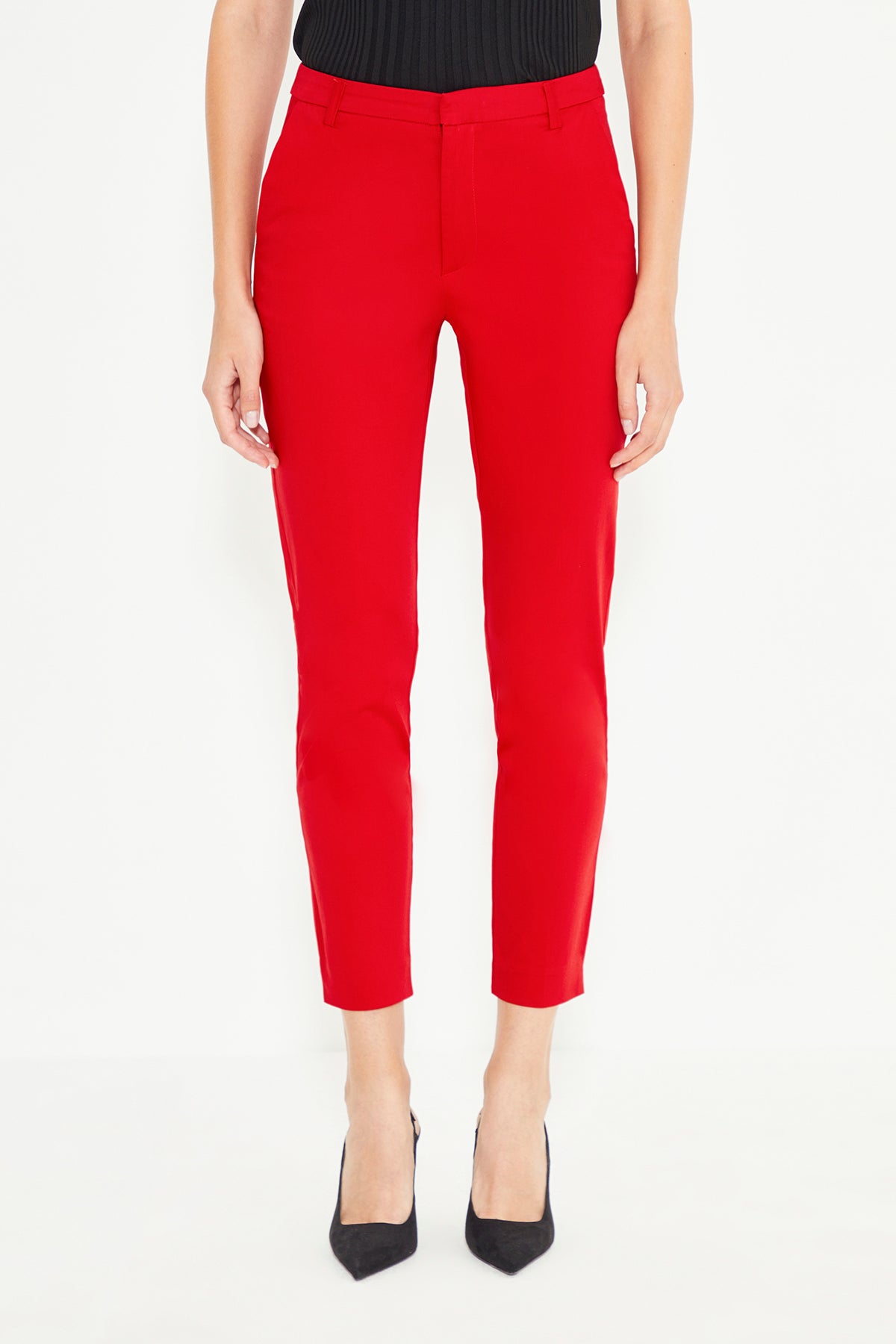 Red Mid Waist Skinny Fit Women's Trousers