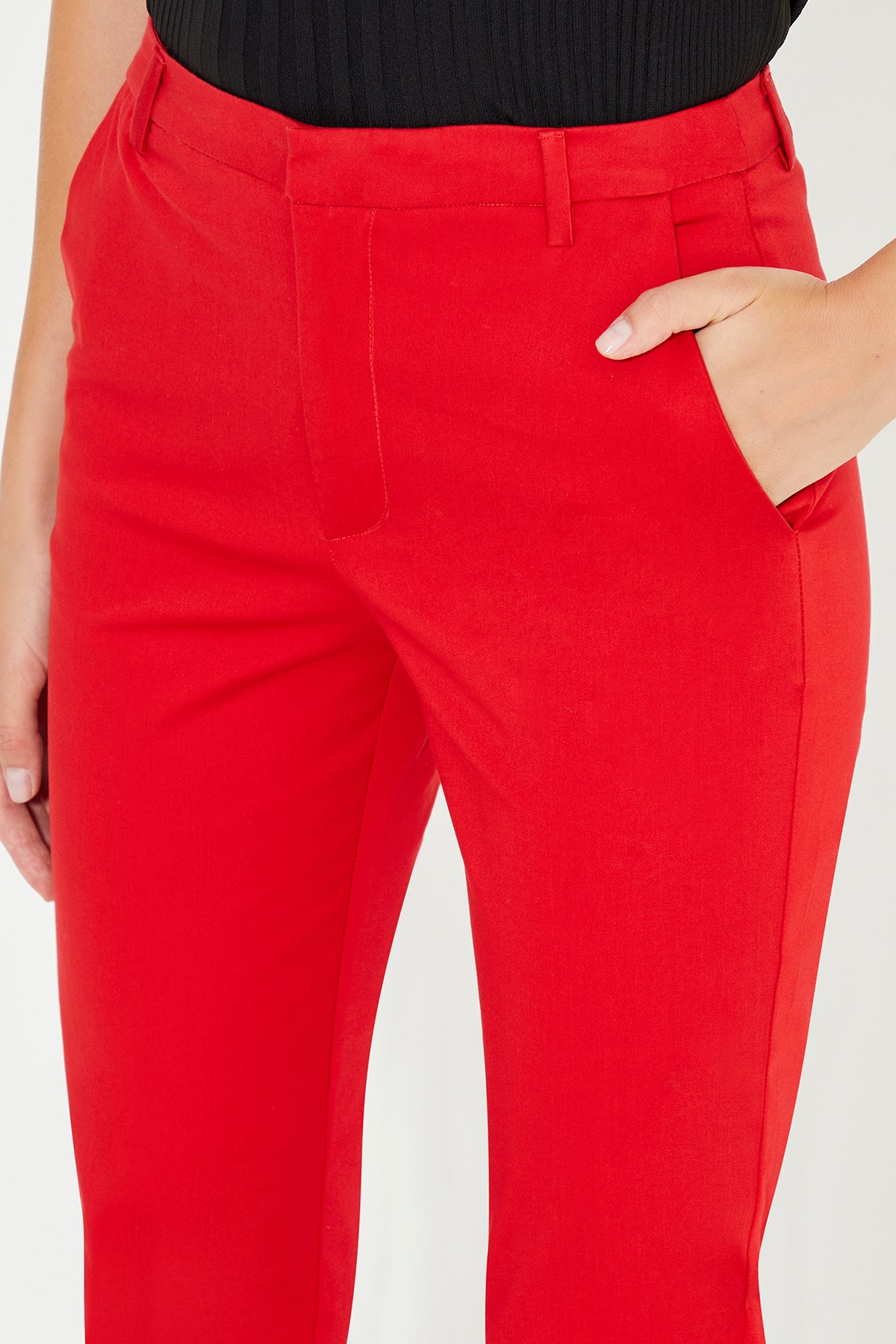 Red Mid Waist Skinny Fit Women's Trousers