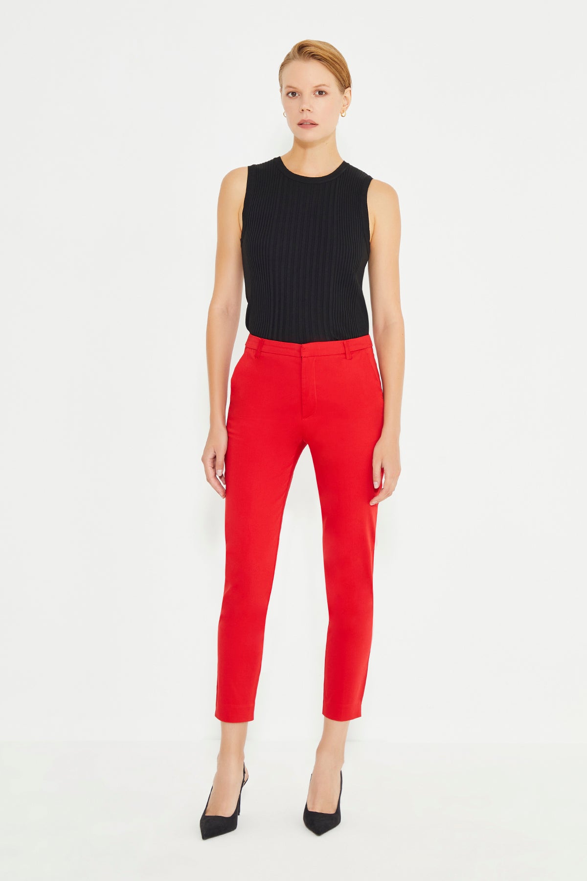 Red Mid Waist Skinny Fit Women's Trousers