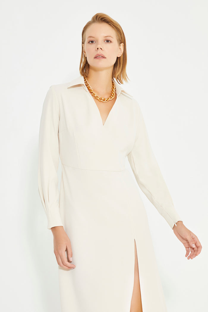 Beige Shirt Collar Slit Detail Midi Dress
