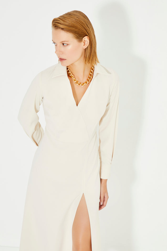 Beige Shirt Collar Slit Detail Midi Dress