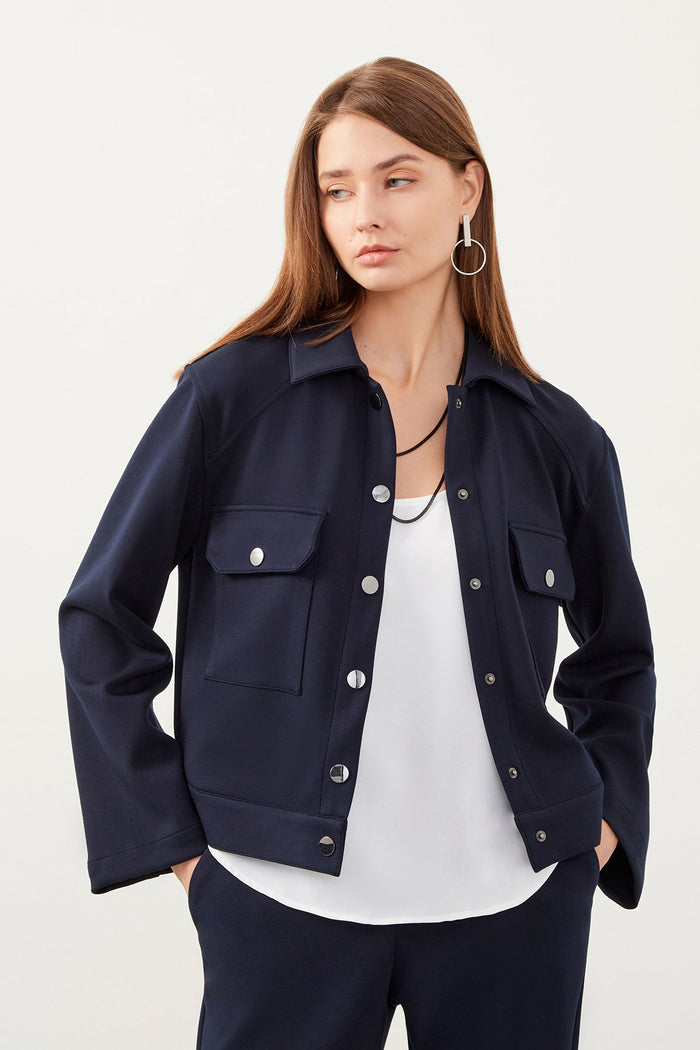Navy Blue Pocket Detailed Collar Jacket
