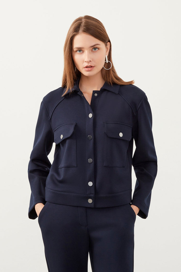 Navy Blue Pocket Detailed Collar Jacket