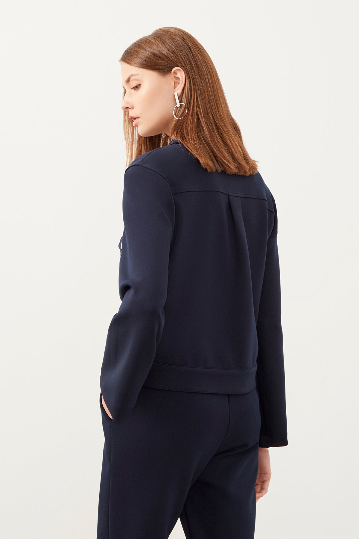 Navy Blue Pocket Detailed Collar Jacket