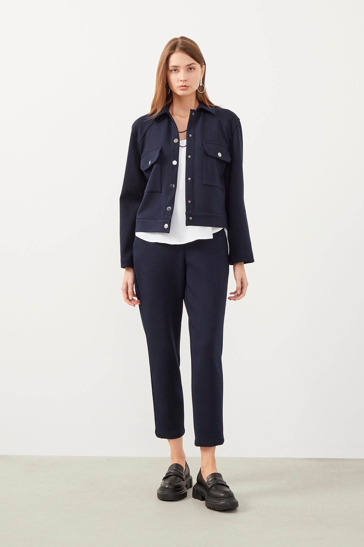 Navy Blue Pocket Detailed Collar Jacket