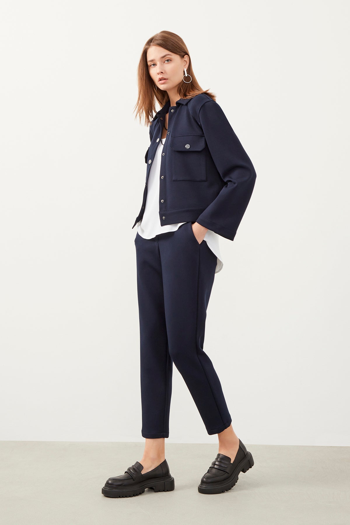 Navy Blue Pocket Detailed Collar Jacket