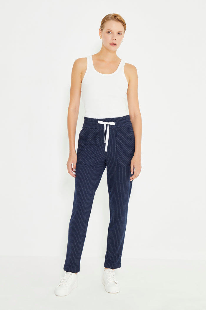Navy Blue Striped Drawstring Cord Wait Women's Trousers