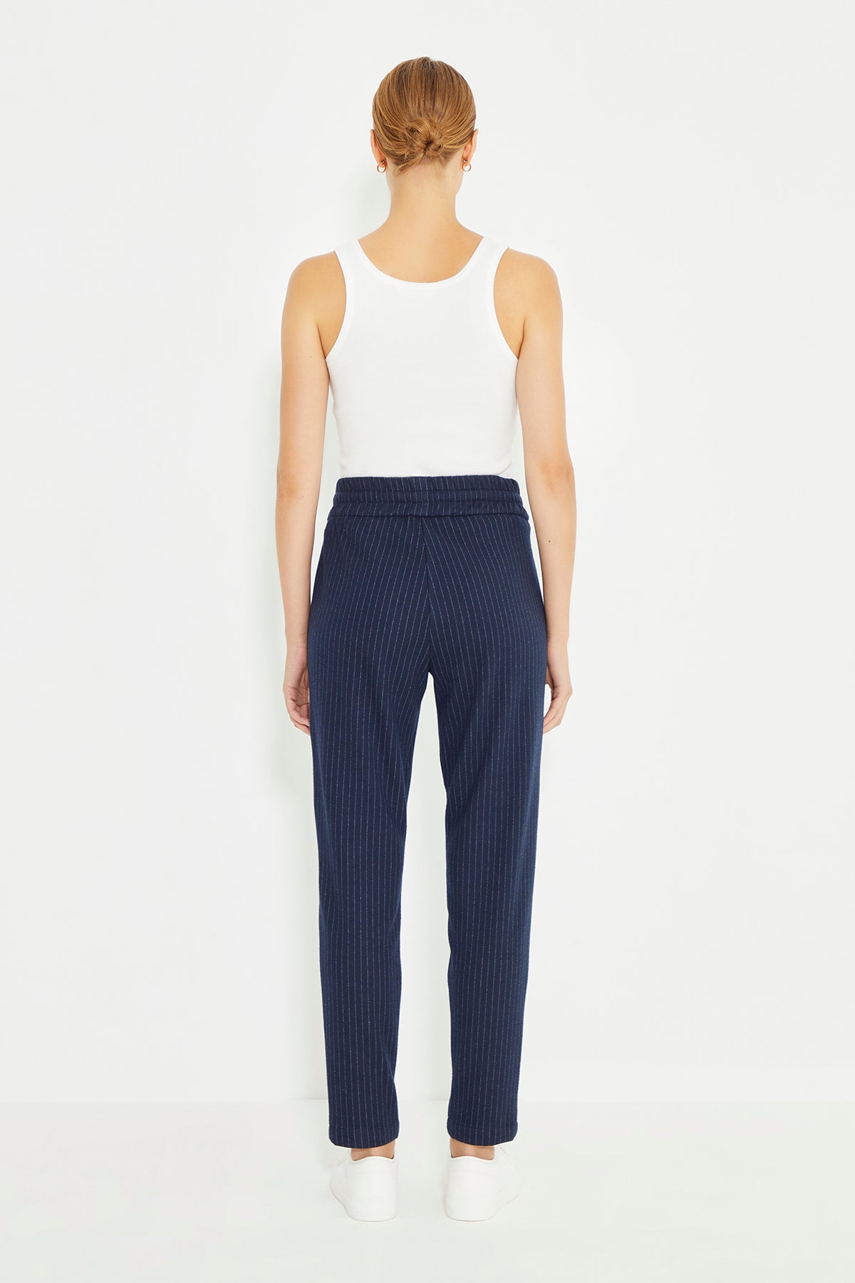 Navy Blue Striped Drawstring Cord Wait Women's Trousers