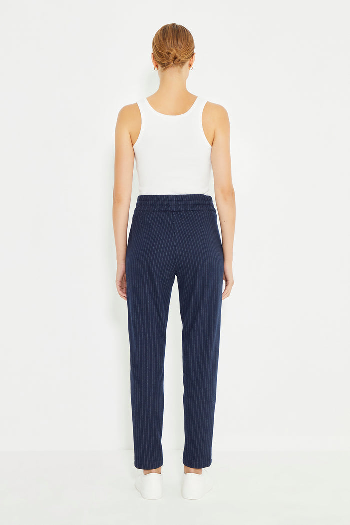 Navy Blue Striped Drawstring Cord Wait Women's Trousers
