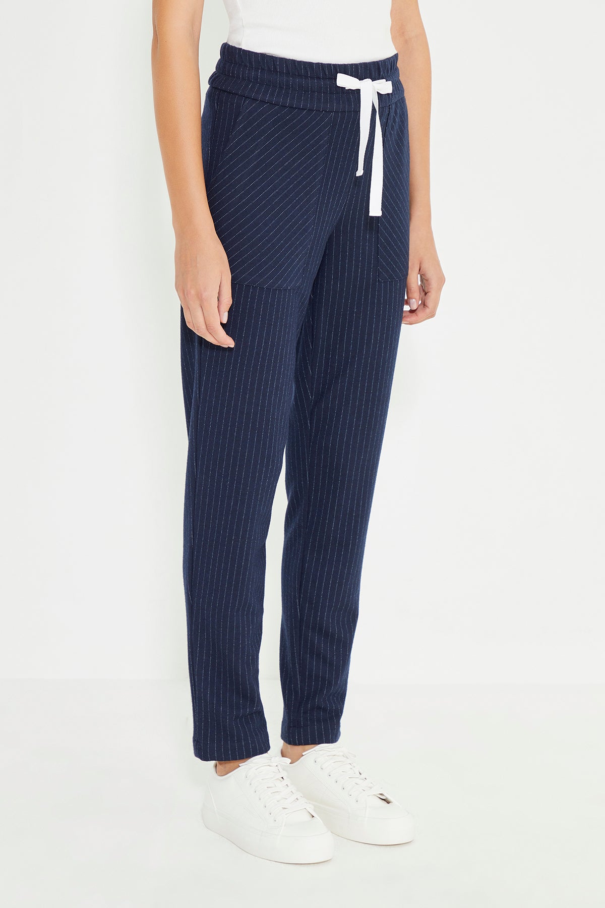 Navy Blue Striped Drawstring Cord Wait Women's Trousers
