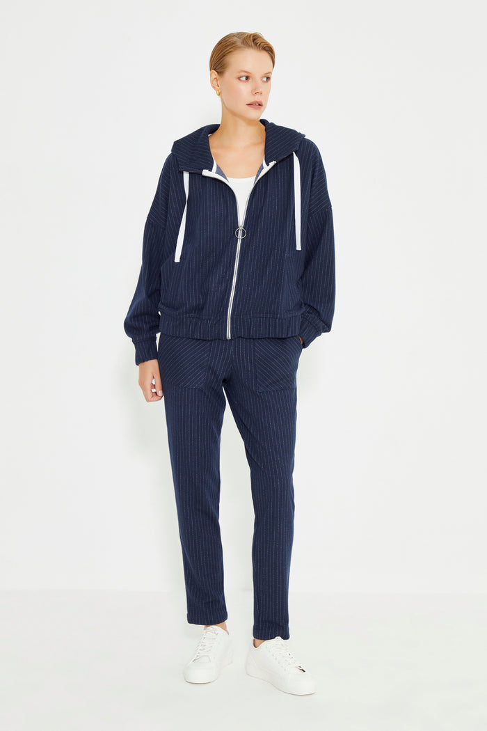 Navy Blue Striped Front Zip Fastening Oversize Sweatshirt