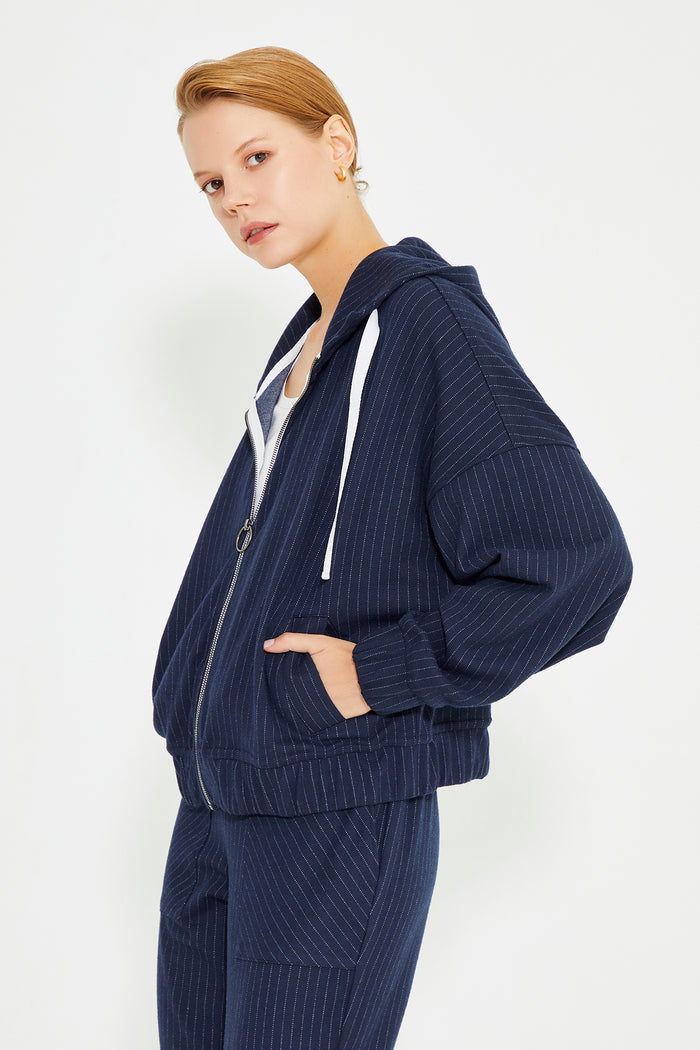 Navy Blue Striped Front Zip Fastening Oversize Sweatshirt
