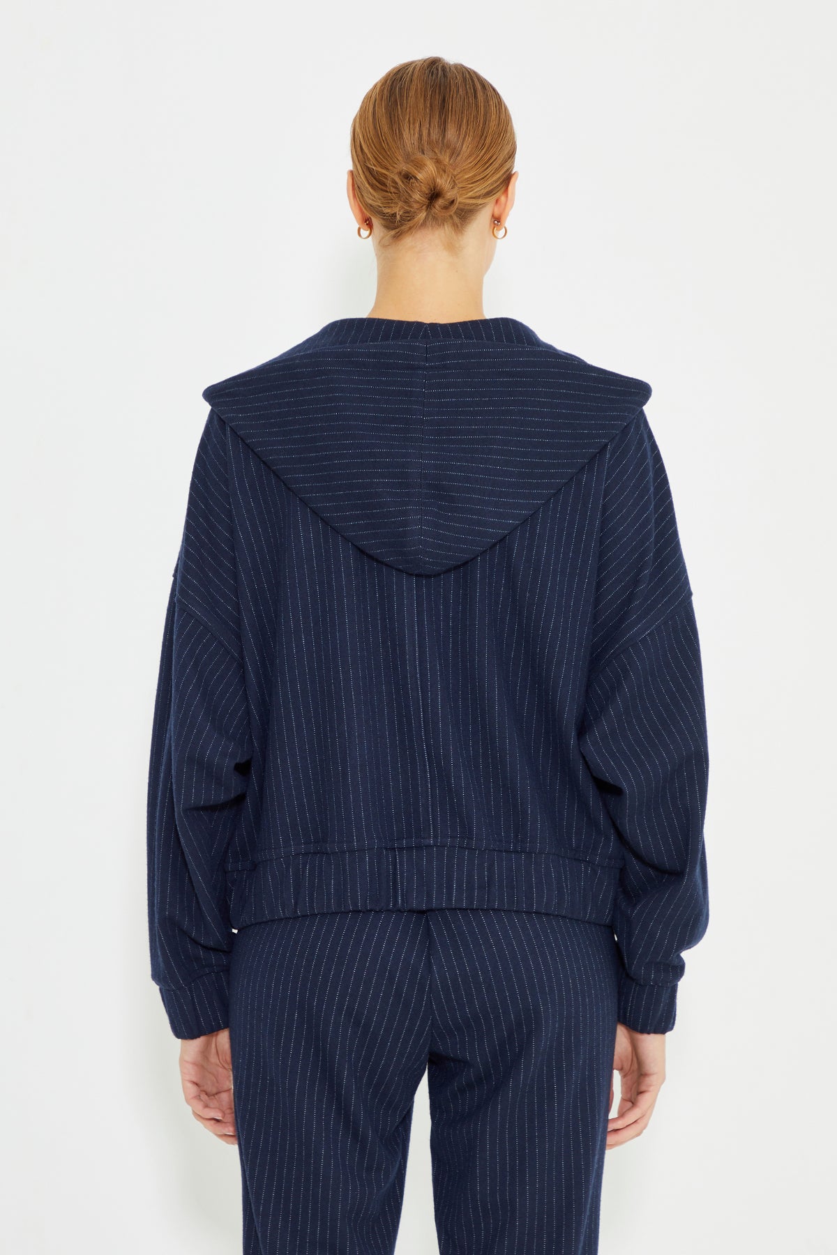 Navy Blue Striped Front Zip Fastening Oversize Sweatshirt