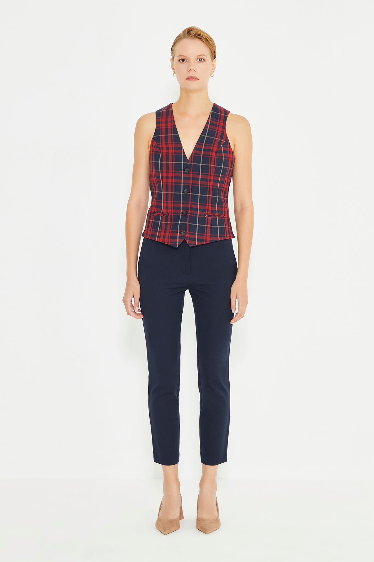 Navy Blue Plaid Front Button Closure Lined Women's Vest