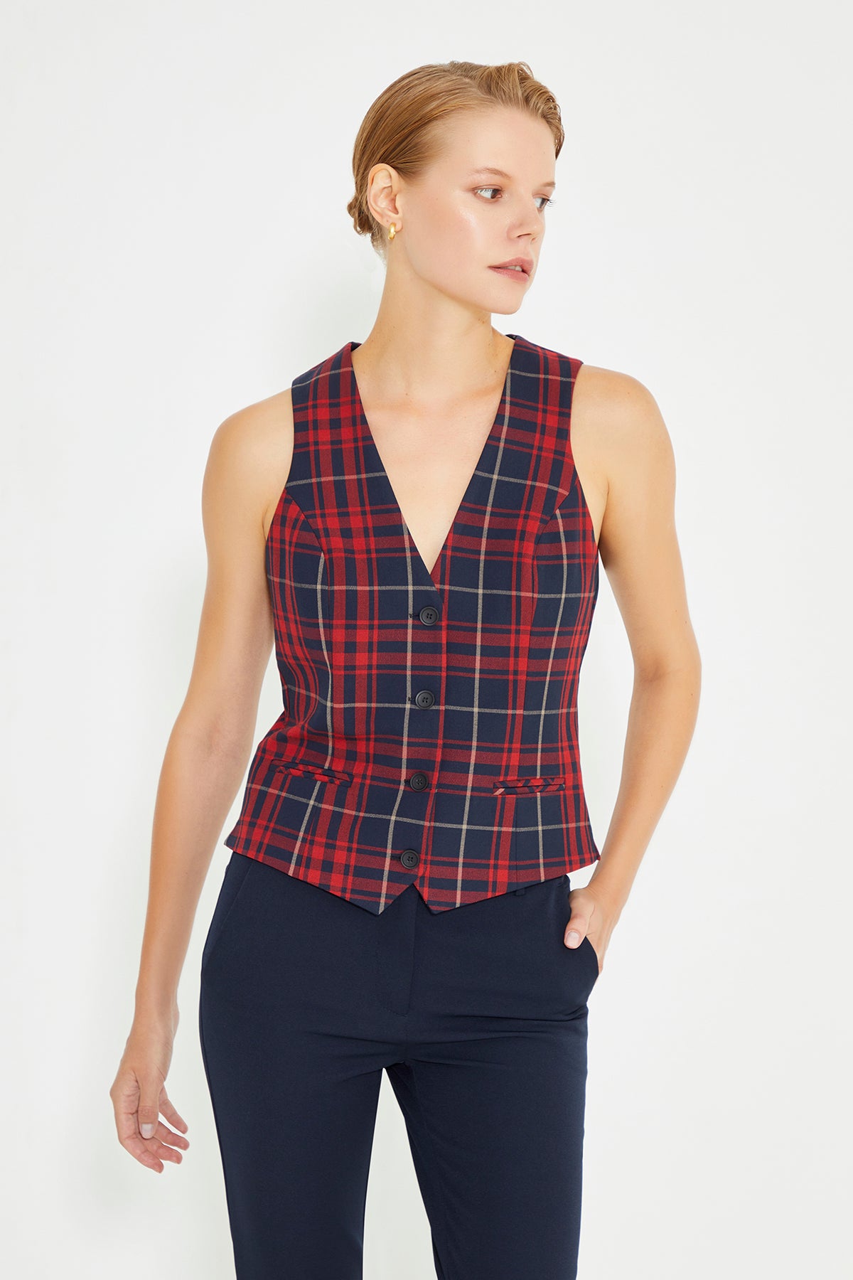 Navy Blue Plaid Front Button Closure Lined Women's Vest