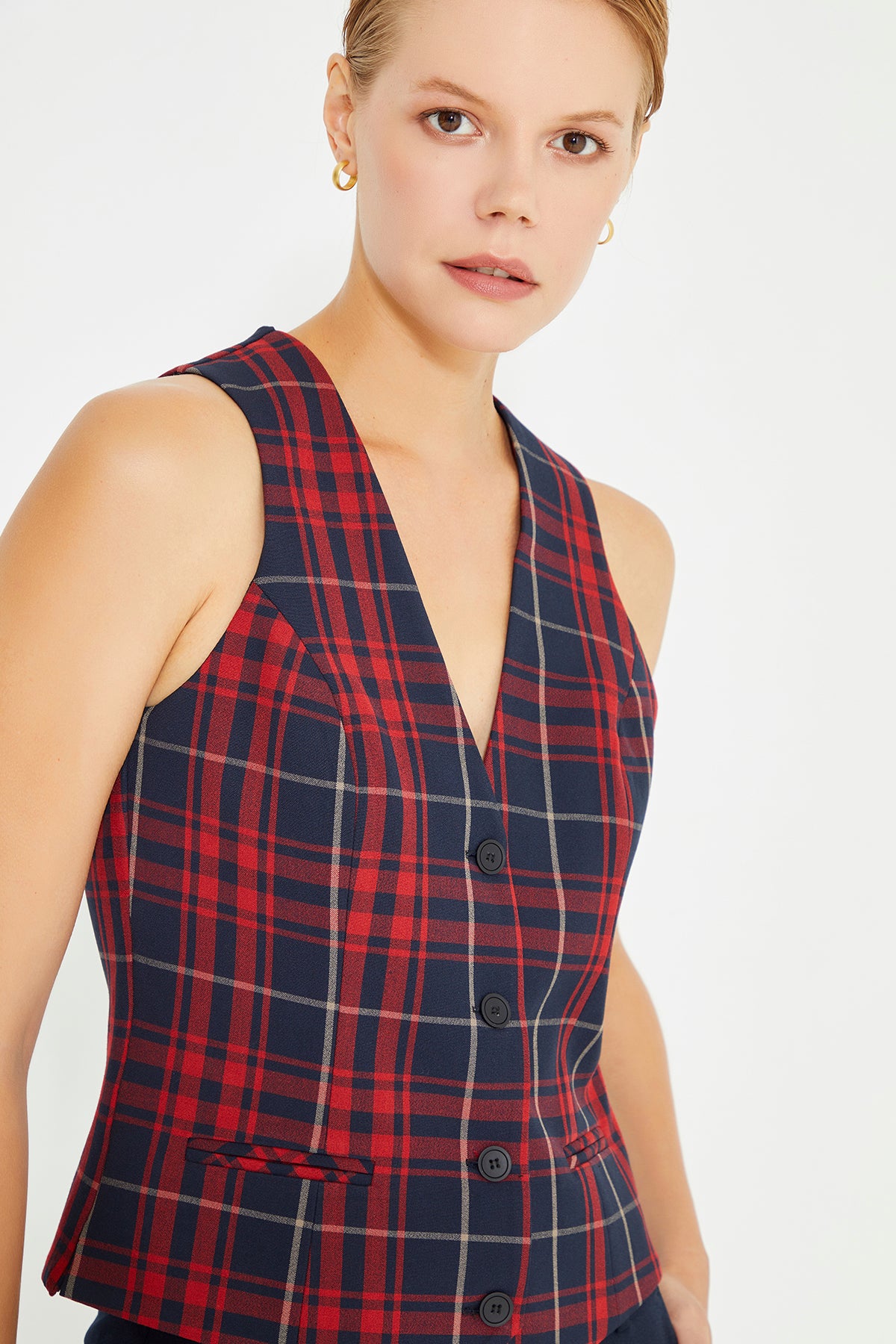 Navy Blue Plaid Front Button Closure Lined Women's Vest