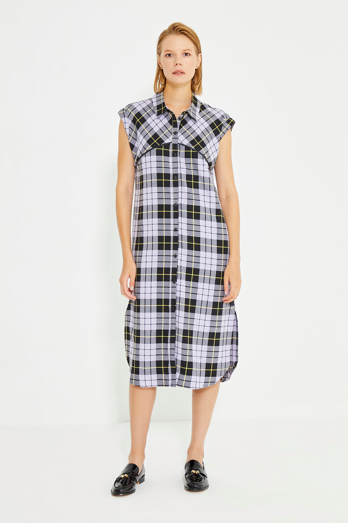 Lilac Checked Sleeveless Leather Piping Shirt Dress