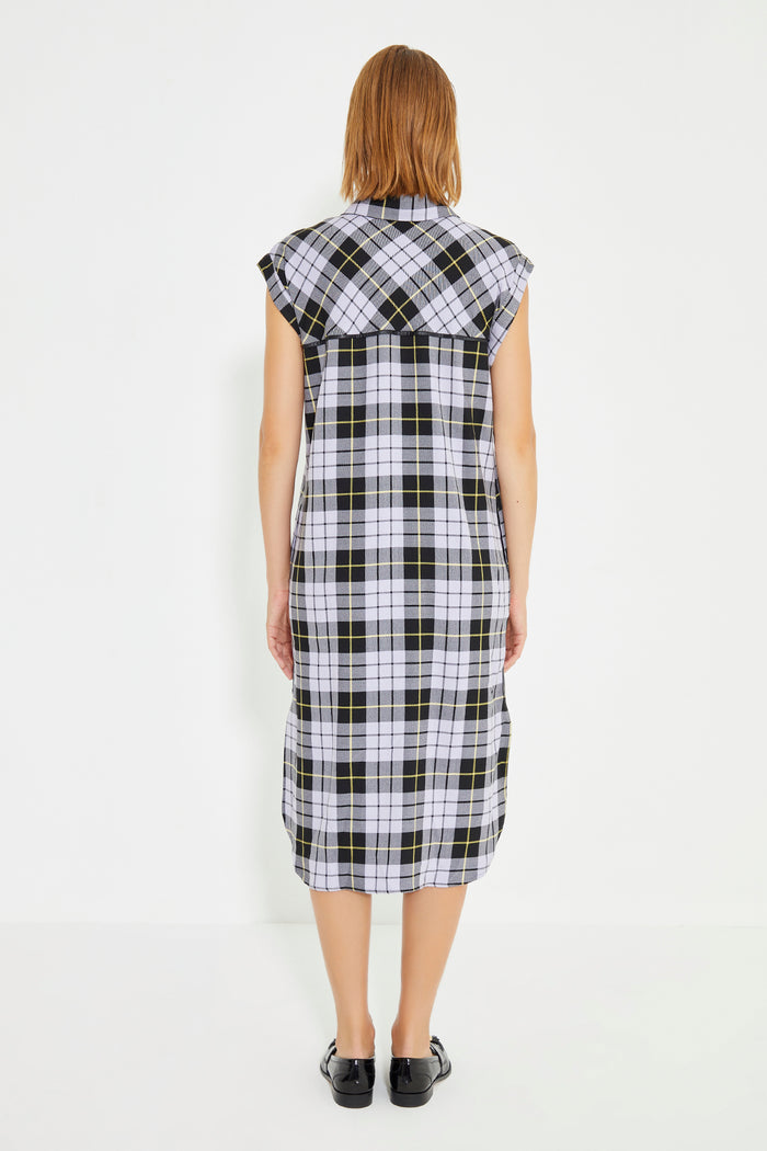 Lilac Checked Sleeveless Leather Piping Shirt Dress