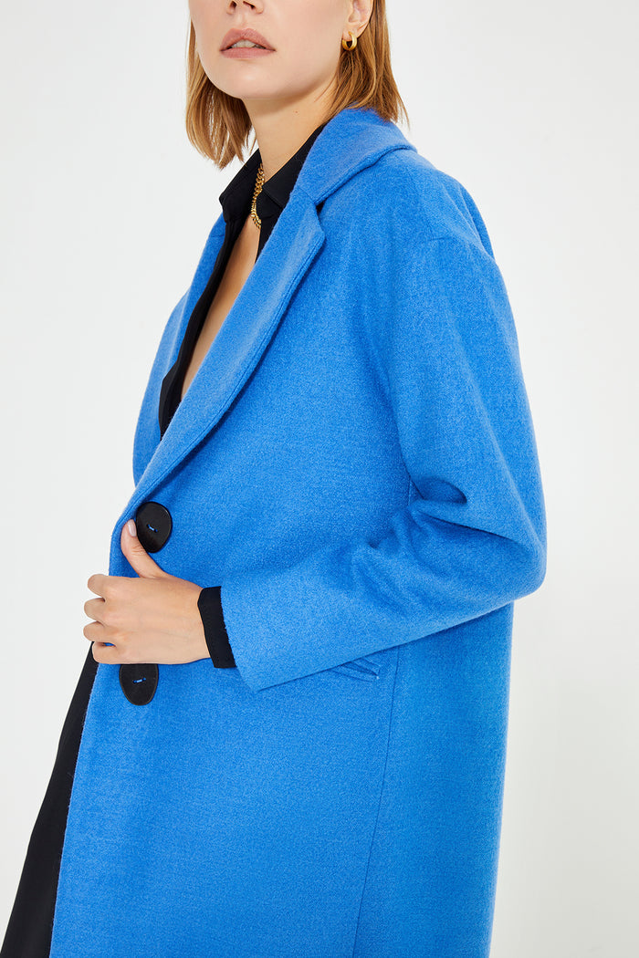 Blue Low Shoulder Slit Detailed Long Women's Coat