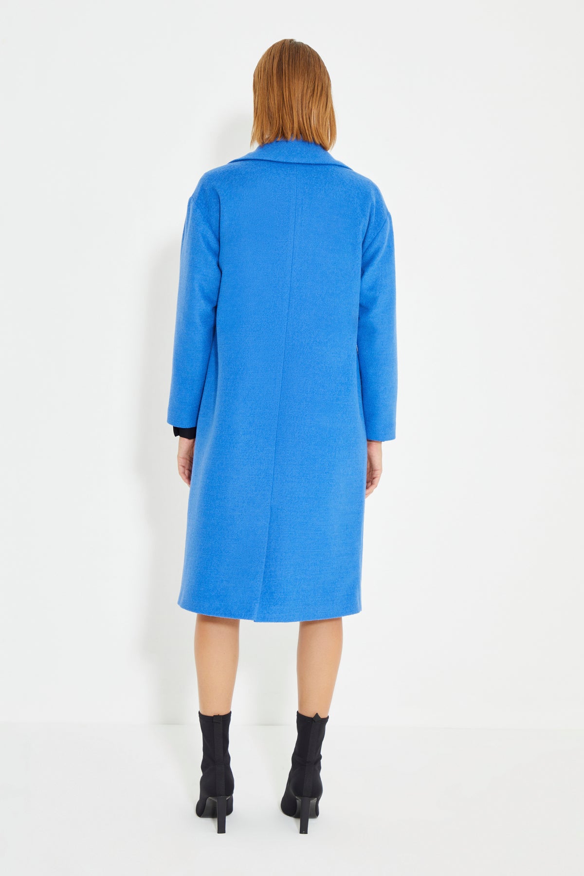 Blue Low Shoulder Slit Detailed Long Women's Coat