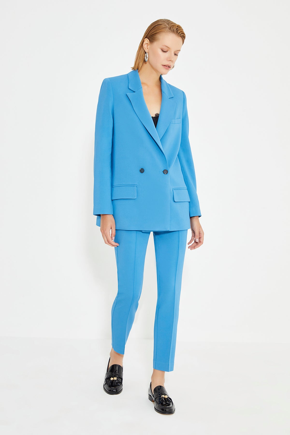 Blue Front Rib Detail Carrot Fit Women's Trousers