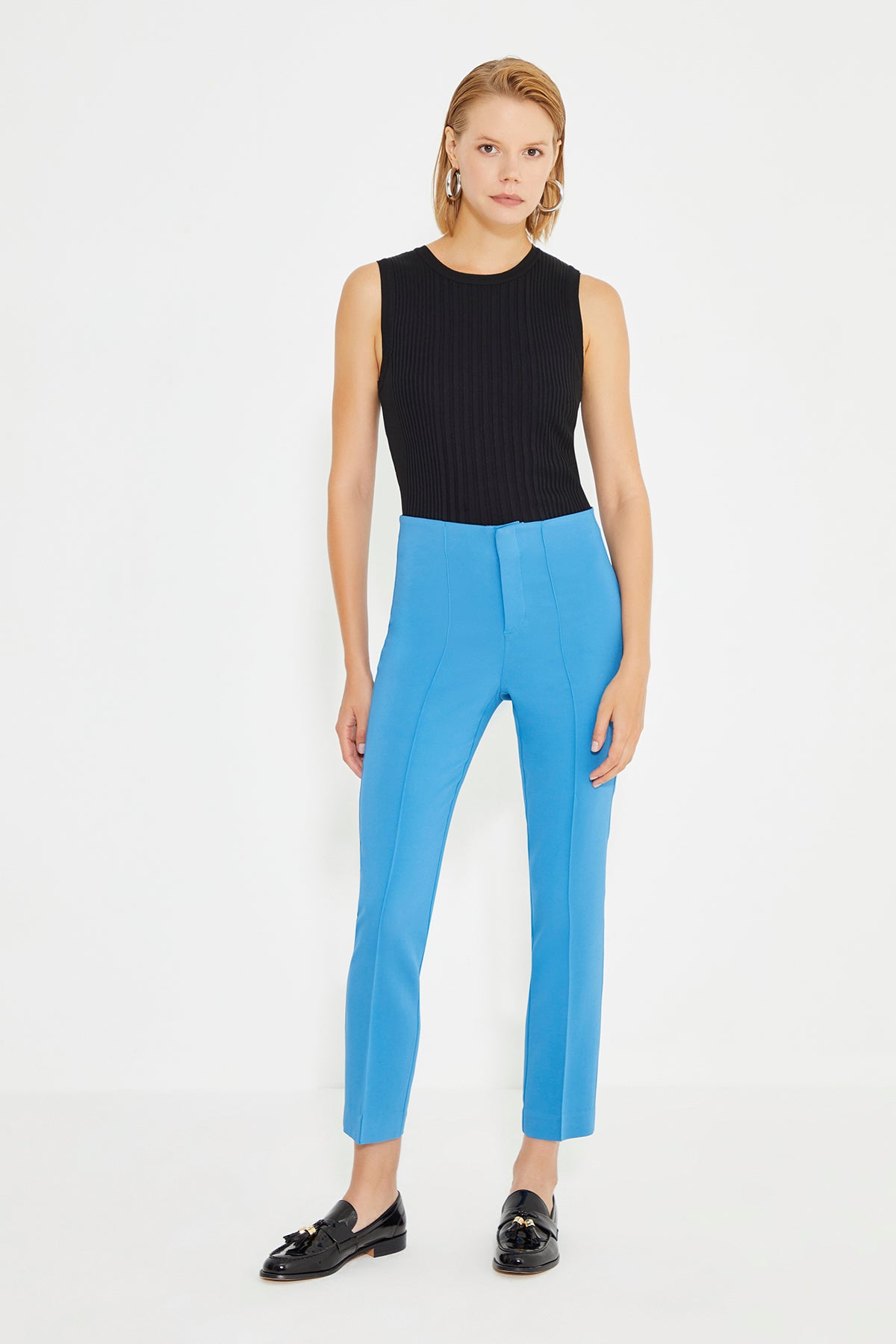 Blue Front Rib Detail Carrot Fit Women's Trousers