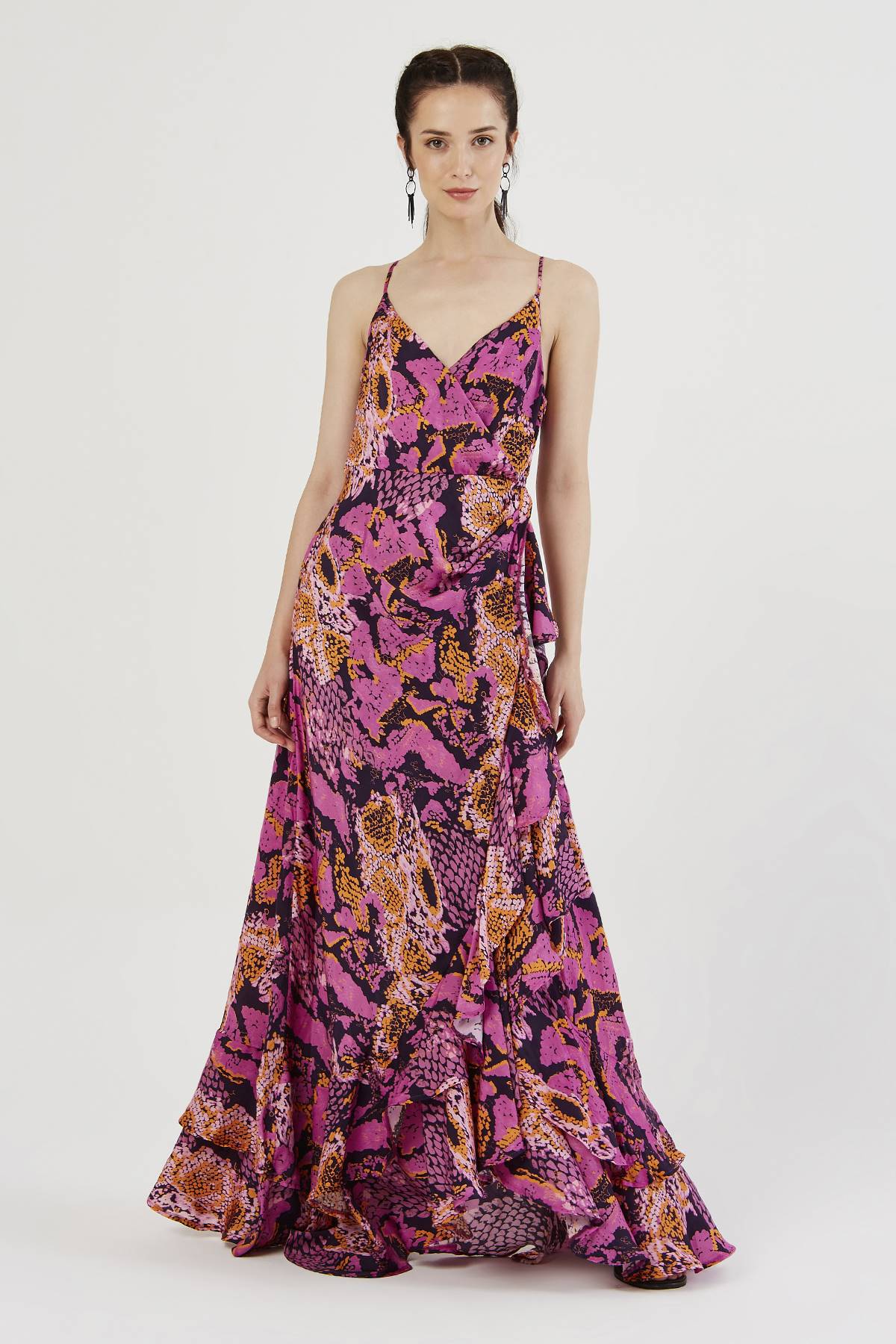 Purple Patterned Double Breasted Dress With Frilly Skirt