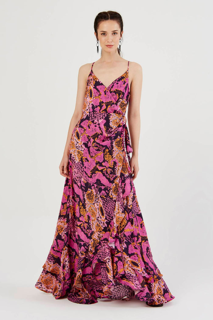Purple Patterned Double Breasted Dress With Frilly Skirt
